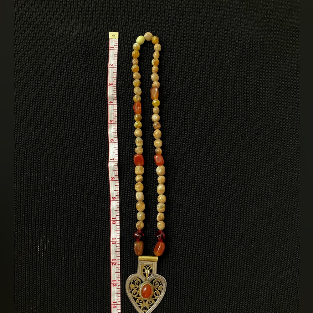Bohemian Silver&Gold-Tone Heart Pendant Necklace, Natural Stone Beads - Picture 4 of 5